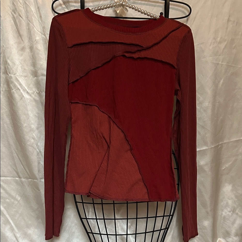 Red Patchwork Long Sleeve Top